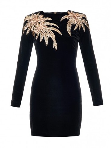 BALMAIN Long-sleeved palm tree-embellished dress black ~ velvet occasion dresses ~ designer clothes ~ luxury fashion - flipped