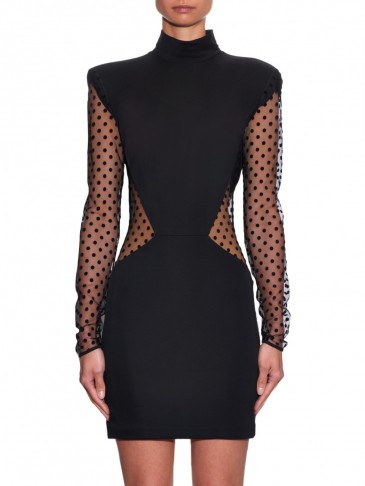 BALMAIN Long-sleeved polka-dot mini dress black ~ semi sheer occasion dresses ~ designer clothes ~ luxury fashion ~ chic style