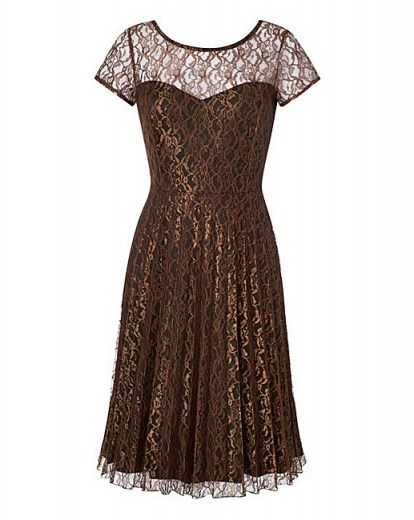 Lorraine Kelly Pleated Lace Dress in bronze – as worn by Lorraine Kelly at the Women of The Year Awards in London, 19 October 2015. Celebrity fashion | occasion dresses | what celebrities wear - flipped