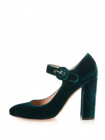 GIANVITO ROSSI Lorraine velvet block-heel pumps emerald green. Designer Mary Janes / luxury Mary Jane shoes / high heels - flipped
