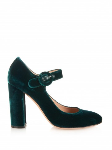 GIANVITO ROSSI Lorraine velvet block-heel pumps emerald green. Designer Mary Janes / luxury Mary Jane shoes / high heels