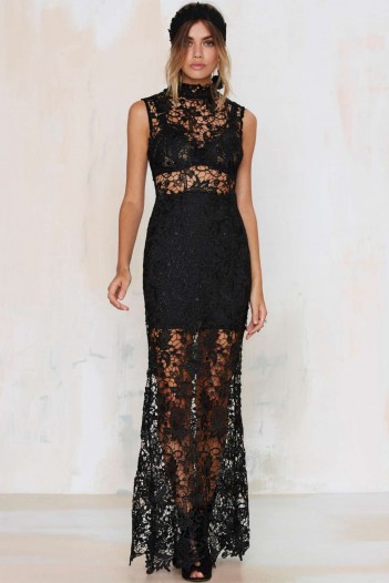 Lovecat Lace-Up Your Life Sheer Dress black. Long party dresses – evening wear – semi sheer lace gowns – occasion fashion