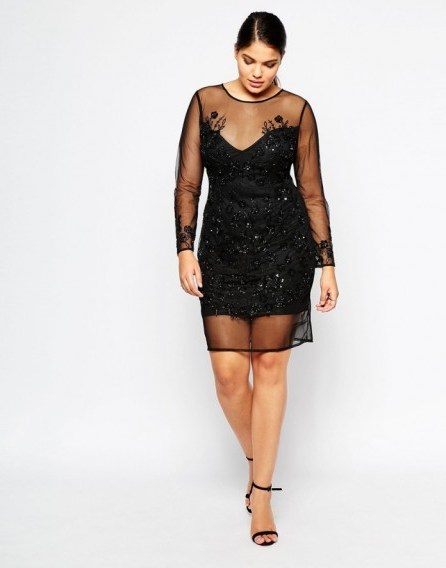 Lovedrobe Sheer Dress With Embellished Overlay black. Plus size party dresses – evening glamour – semi sheer going out fashion - flipped