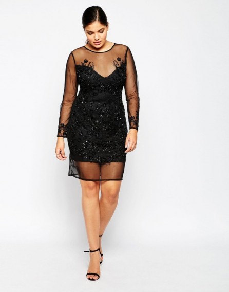 Lovedrobe Sheer Dress With Embellished Overlay black. Plus size party dresses – evening glamour – semi sheer going out fashion