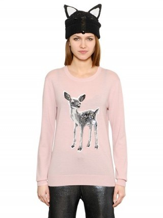 MARKUS LUPFER FAWN SEQUIN MERINO WOOL SWEATER in pink. Designer sweaters | womens knitted fashion | sequined jumpers | winter knitwear | animal motif clothing - flipped