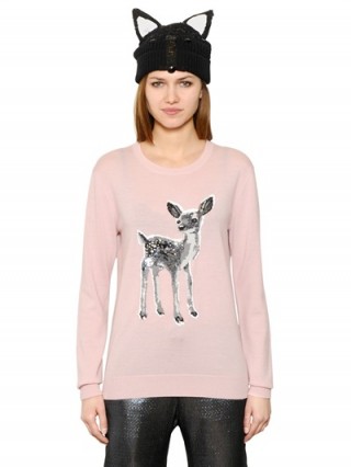 MARKUS LUPFER FAWN SEQUIN MERINO WOOL SWEATER in pink. Designer sweaters | womens knitted fashion | sequined jumpers | winter knitwear | animal motif clothing
