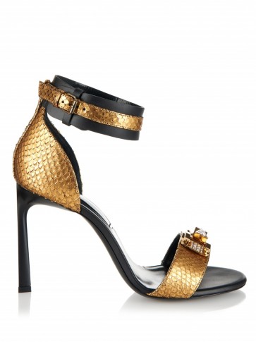 LANVIN Metallic python and leather sandals – embellished designer shoes – gold metallics