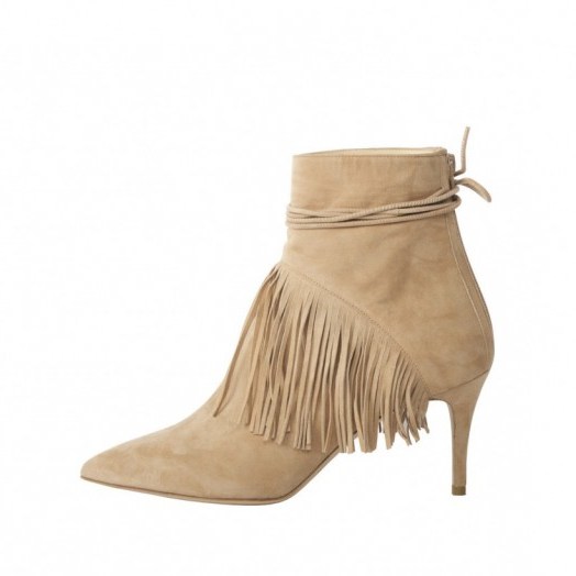 Bionda Castana Mimi Sand Calf Suede Fringed Boot. Designer boots – luxury footwear – pointed toes – ankle ties - flipped