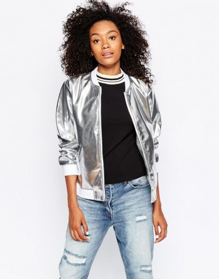 Monki Metallic Bomber Jacket in silver. On-trend jackets | womens casual outerwear | weekend fashion - flipped