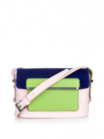 MARY KATRANTZOU MVK small leather and velvet cross-body bag pale pink/green/purple. Designer bags ~ luxury handbags - flipped