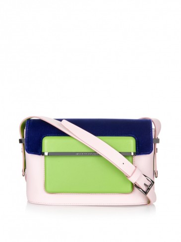MARY KATRANTZOU MVK small leather and velvet cross-body bag pale pink/green/purple. Designer bags ~ luxury handbags