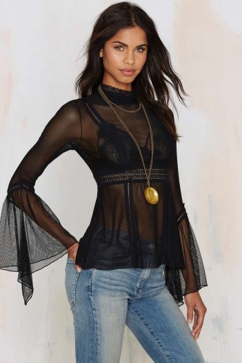 Nasty Gal Katarina Mesh Blouse – Black. Sheer blouses | bell sleeves | bell sleeved tops - flipped