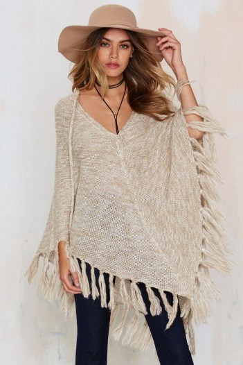Nasty Gal Knitflix and Chill Poncho beige. Womens ponchos | knitted outerwear | asymmetric fringe hem | knitwear - flipped