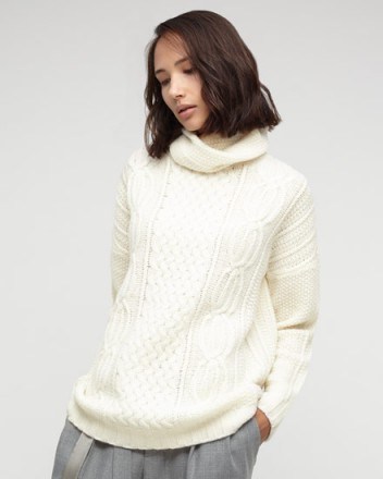 Jigsaw Aran Cable Knit Sweater ivory. Autumn / winter knitwear – roll neck sweaters – luxe style jumpers – knitted fashion - flipped