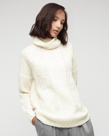 Jigsaw Aran Cable Knit Sweater ivory. Autumn / winter knitwear – roll neck sweaters – luxe style jumpers – knitted fashion