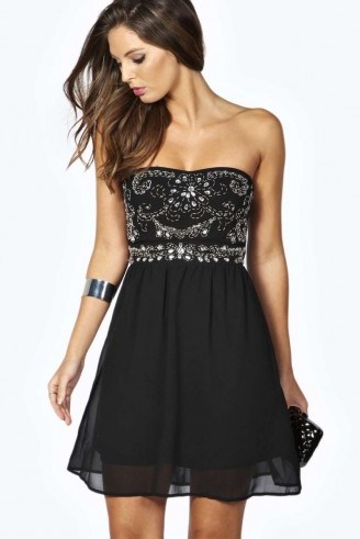 boohoo Niamh Embellished Top Bandeau Chiffon Dress black. Strapless party dresses ~ going out fashion ~ evening glamour - flipped
