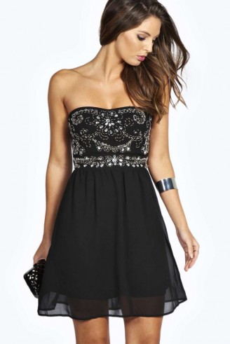 boohoo Niamh Embellished Top Bandeau Chiffon Dress black. Strapless party dresses ~ going out fashion ~ evening glamour
