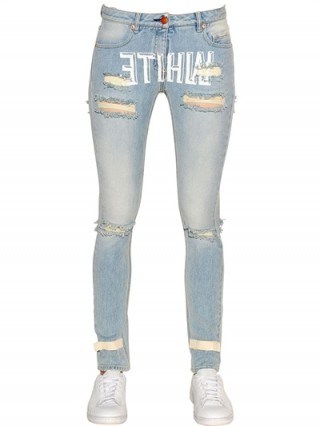 OFF WHITE Destroyed Printed Cctton Denim Jeans – as worn by Kylie Jenner out in Calabasas, 5 October 2015. Celebrity fashion | star style | what celebrities wear | ripped designer skinny jeans - flipped
