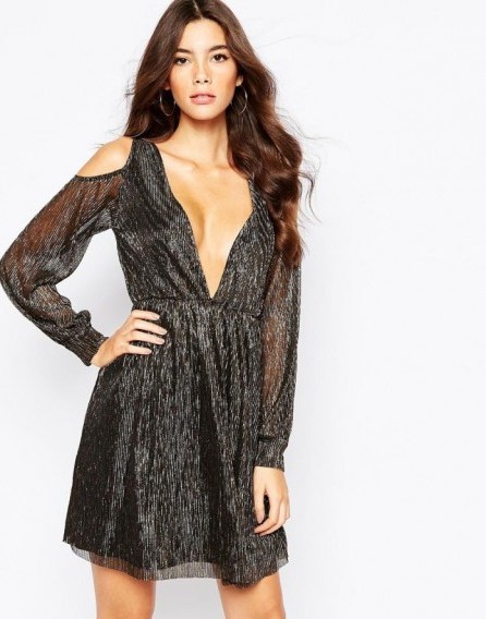 Oh My Love Metallic Plunge Front Dress with Cold Shoulder Detail. Plunging necklines | deep V dresses | low cut neckline - flipped