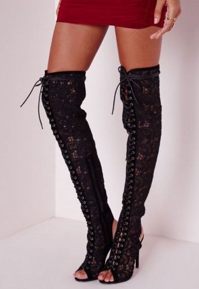 Missguided over the knee floral lace up boots black – peep toe boots – high heels - flipped