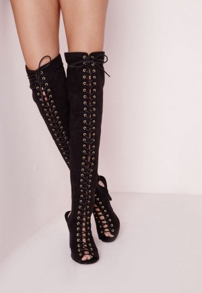 Missguided over the knee lace up gladiator black – peep toe boots – high heels – heeled footwear - flipped