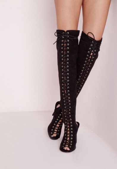 Missguided over the knee lace up gladiator black – peep toe boots – high heels – heeled footwear