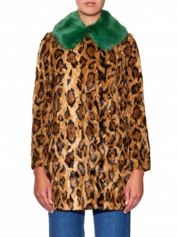 SHRIMPS – Papa Puss jaguar-print faux-fur coat with emerald green collar. Animal prints – winter coats – warm outerwear - flipped