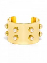 Olivia Palermo x Bauble Bar Pearl Stud Cuff in white. Celebrity fashion jewelry | gold tone cuffs | studded bracelets | statement jewellery