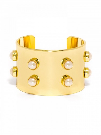 Olivia Palermo x Bauble Bar Pearl Stud Cuff in white. Celebrity fashion jewelry | gold tone cuffs | studded bracelets | statement jewellery