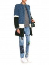 SHRIMPS – Plum colour-block faux-fur coat blue white & forest green. Warm fluffy coats – winter jackets