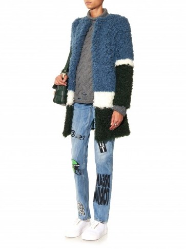 SHRIMPS – Plum colour-block faux-fur coat blue white & forest green. Warm fluffy coats – winter jackets - flipped