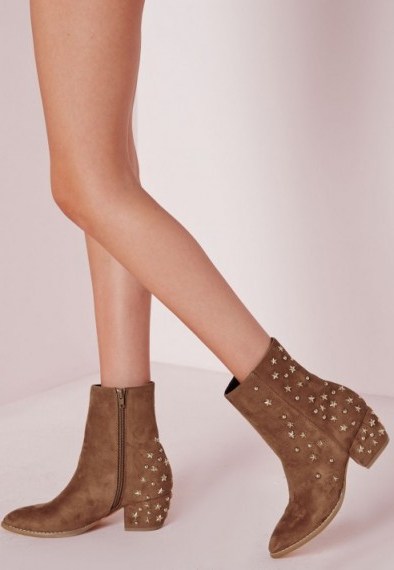 In the style of Kate Bosworth at Coachella 2015…Missguided pointed toe star detail ankle boots tan – embellished brown Western boots – brown faux suede - flipped