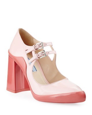 Prada Double-Buckle Mary Jane Pump, Pink/Geranium. Mary Janes ~ double strap shoes ~ block heel ~ high heels ~ designer footwear - flipped