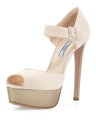 Prada Mary Jane High Heel Sandal, Cipria/Platino. Nude Mary Janes ~ high heeled platforms ~ platform sandals ~ designer shoes ~ stiletto heels