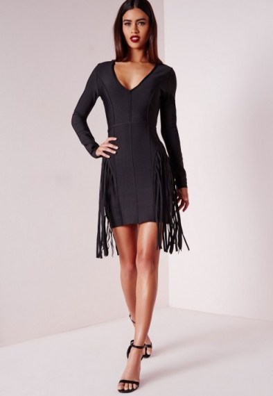 Missguided premium bandage fringe long sleeve bodycon dress black – evening glamour – going out fashion – party dresses – parties - flipped