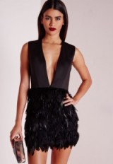 Missguided premium feather skirt plunge dress black – party dresses – going out glamour – plunging evening wear – feathered fashion – occasion wear – parties
