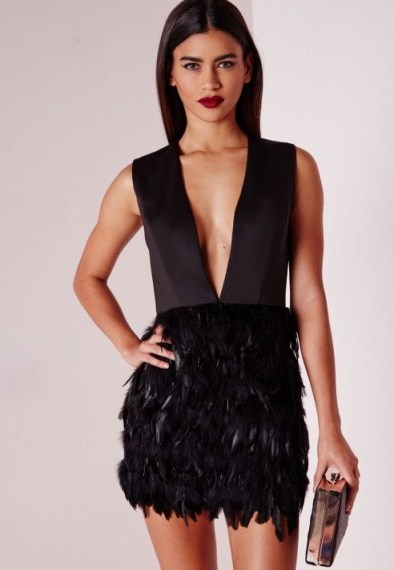 Missguided premium feather skirt plunge dress black – party dresses – going out glamour – plunging evening wear – feathered fashion – occasion wear – parties - flipped