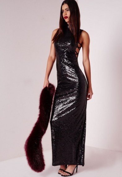 Missguided premium sequin lace up side maxi dress in black. Party dresses – glamorous evening looks – occasion fashion - flipped