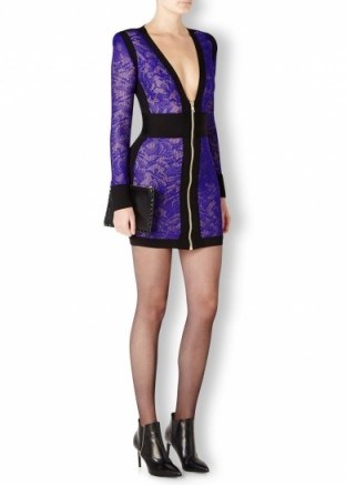 BALMAIN Purple knitted lace mini dress ~ plunging necklines ~ designer occasion wear ~ luxury evening dresses - flipped
