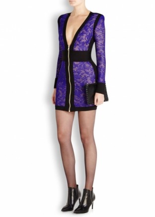 BALMAIN Purple knitted lace mini dress ~ plunging necklines ~ designer occasion wear ~ luxury evening dresses