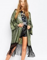 Reclaimed Vintage Longline Kimono In Metallic Fabric With Tassels in green. Long kimonos | womens tasseled tops | over jackets | boho style fashion