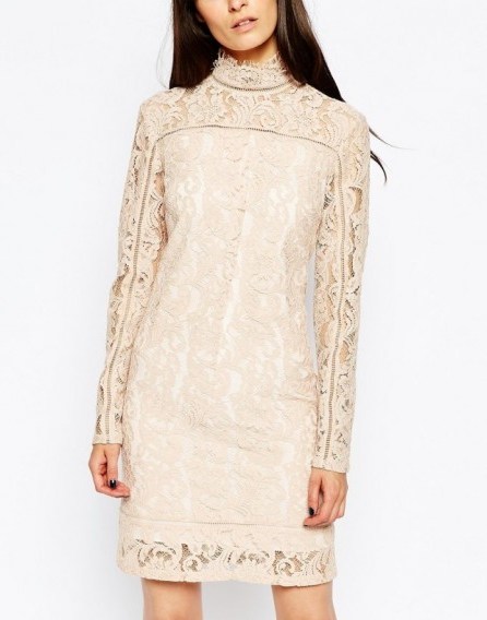 Reiss Lillie Lace Shift Dress in Blush. pale pink dresses – high neck style – long sleeved - flipped