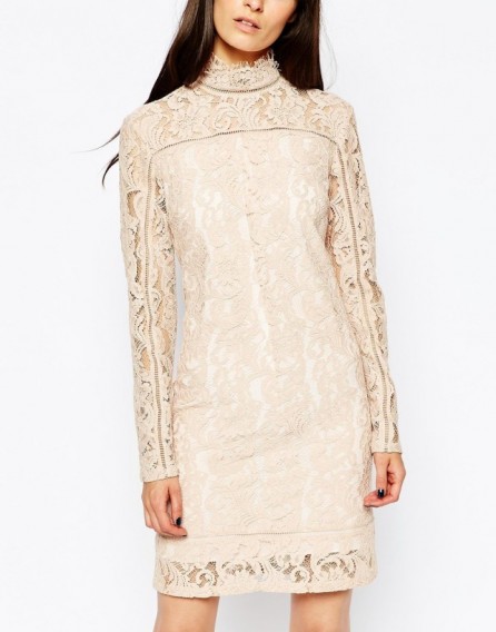 Reiss Lillie Lace Shift Dress in Blush. pale pink dresses – high neck style – long sleeved