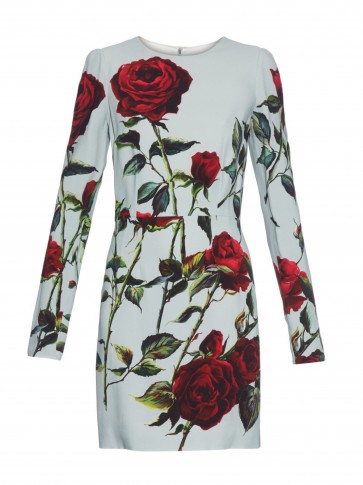 DOLCE & GABBANA Rose-print long-sleeved cady dress duck egg blue – designer dresses – luxury floral printed fashion