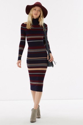 OASIS 70S Stripe Tube Dress. Ribbed knit dresses – winter fashion – polo neck sweater dresses - flipped