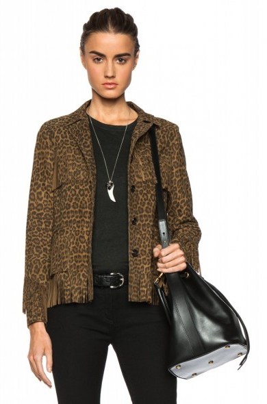 SAINT LAURENT Curtis Suede Fringe Jacket in Leopard – in the style of Miranda Kerr (same jacket, different colour) out in Paris, 6 October 2015. Celebrity fashion | star style | designer jackets | what celebrities wear - flipped