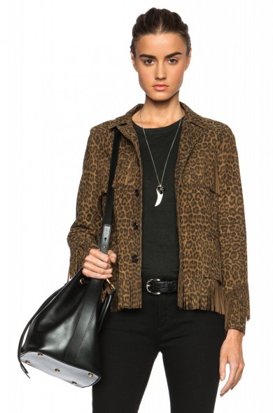 SAINT LAURENT Curtis Suede Fringe Jacket in Leopard – in the style of Miranda Kerr (same jacket, different colour) out in Paris, 6 October 2015. Celebrity fashion | star style | designer jackets | what celebrities wear