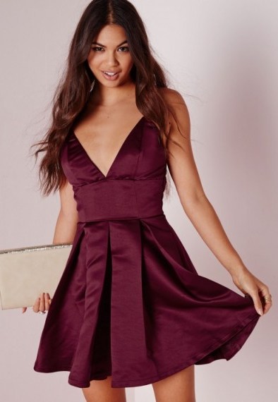 Missguided burgundy satin plunge structured skater dress. Plunging necklines | deep V-neckline party dresses - flipped