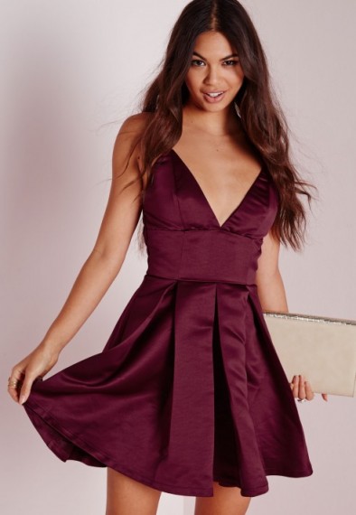 Missguided burgundy satin plunge structured skater dress. Plunging necklines | deep V-neckline party dresses