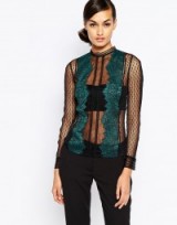 Self Portrait Lace Trimmed Shell Top in black / dark green. Womens designer tops | semi sheer blouses | high neck